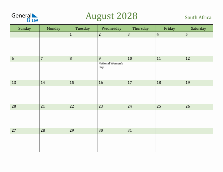 August 2028 Calendar with South Africa Holidays