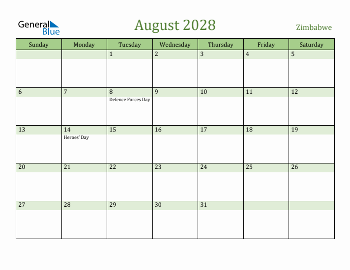 August 2028 Calendar with Zimbabwe Holidays