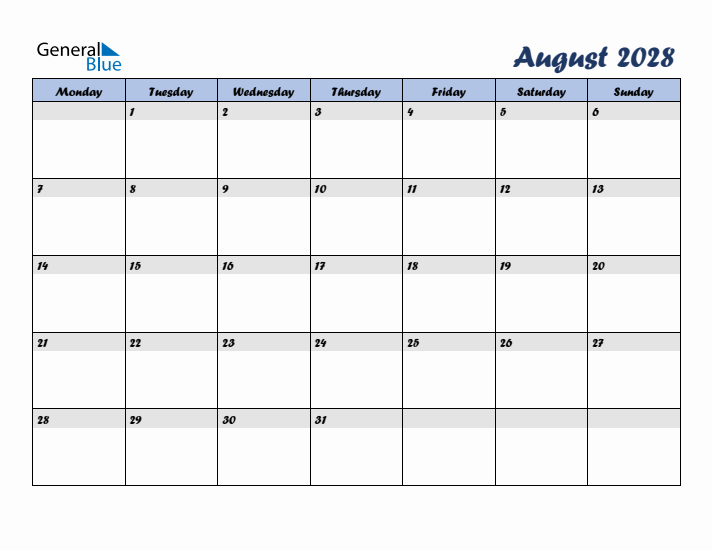 August 2028 Blue Calendar (Monday Start)