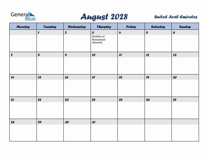 August 2028 Calendar with Holidays in United Arab Emirates