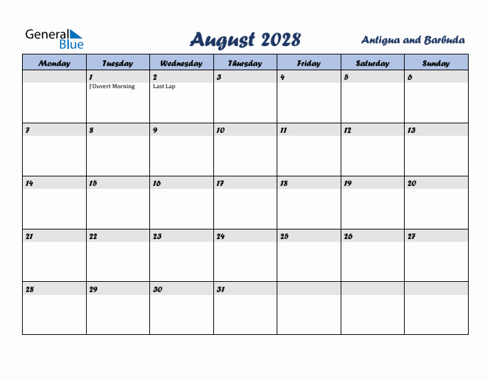 August 2028 Calendar with Holidays in Antigua and Barbuda