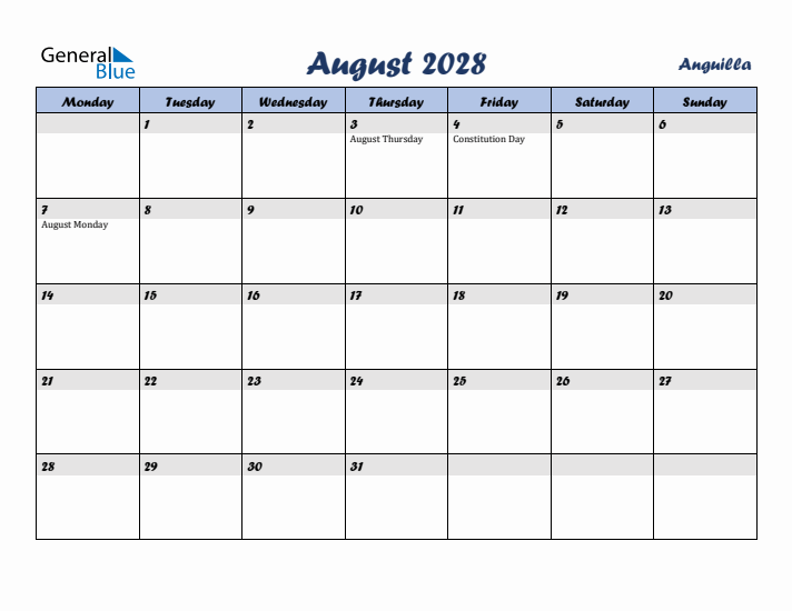 August 2028 Calendar with Holidays in Anguilla
