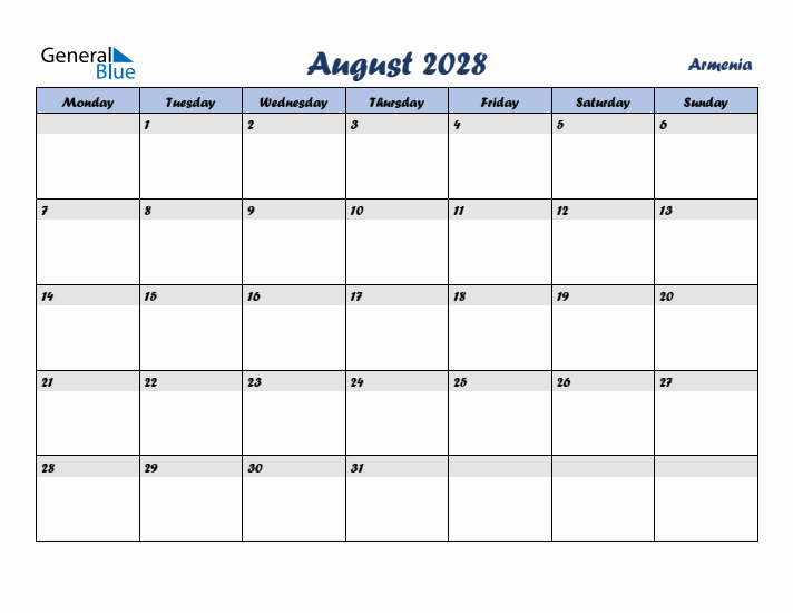 August 2028 Calendar with Holidays in Armenia