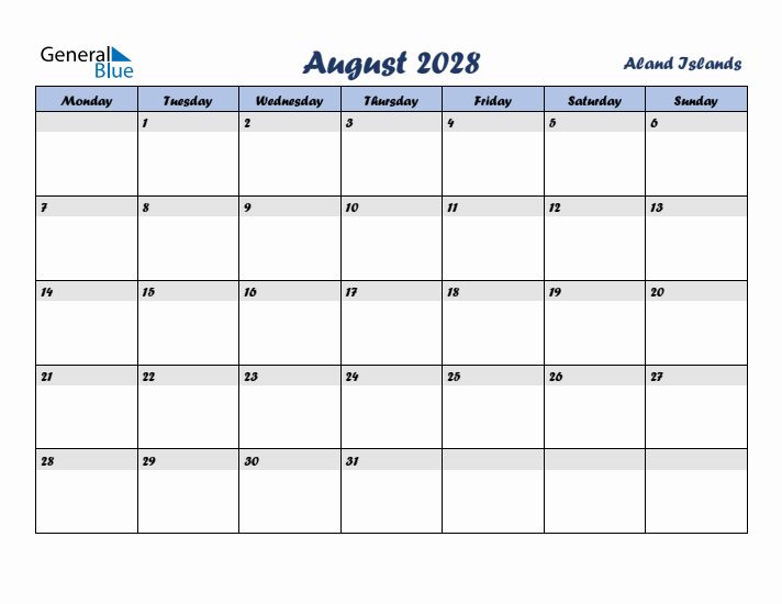 August 2028 Calendar with Holidays in Aland Islands