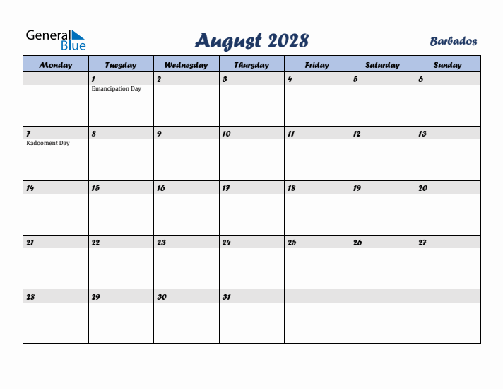 August 2028 Calendar with Holidays in Barbados