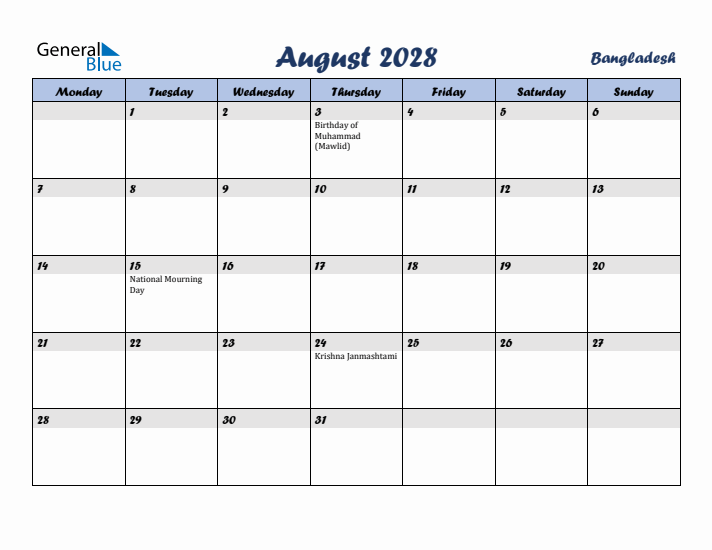 August 2028 Calendar with Holidays in Bangladesh