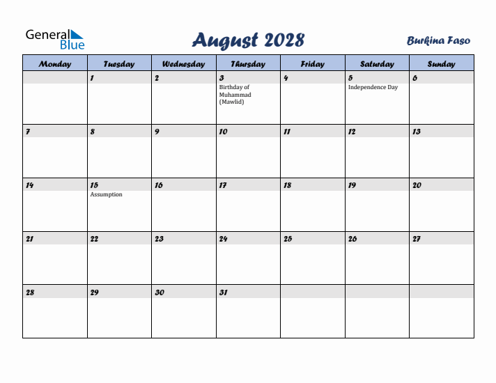 August 2028 Calendar with Holidays in Burkina Faso