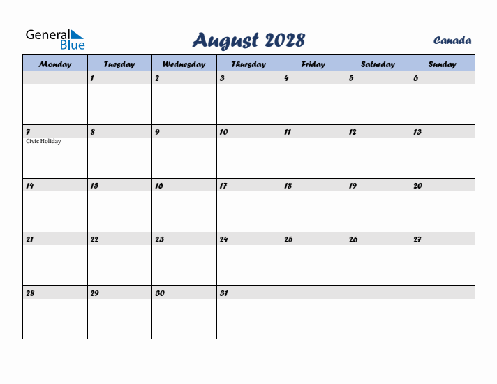 August 2028 Calendar with Holidays in Canada