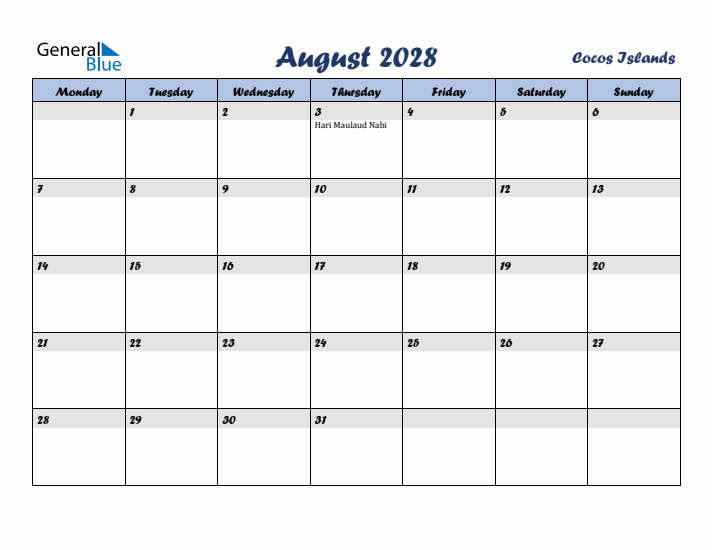 August 2028 Calendar with Holidays in Cocos Islands