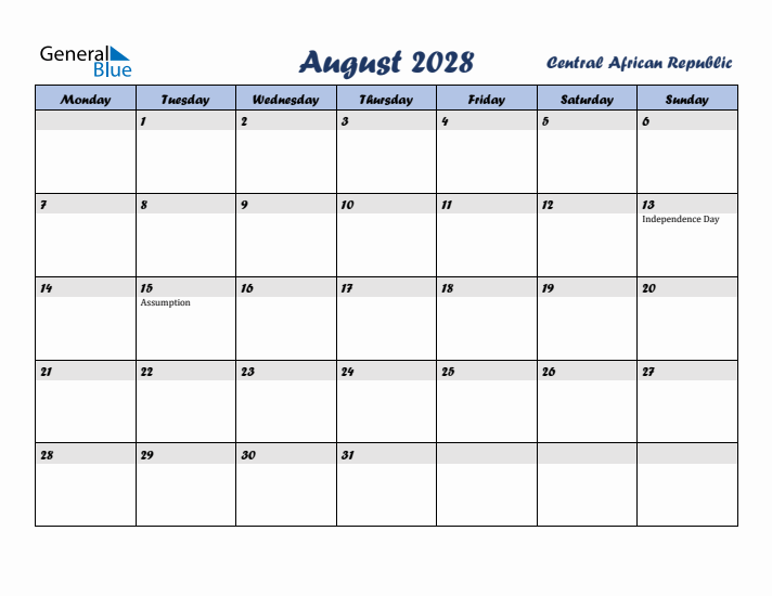 August 2028 Calendar with Holidays in Central African Republic