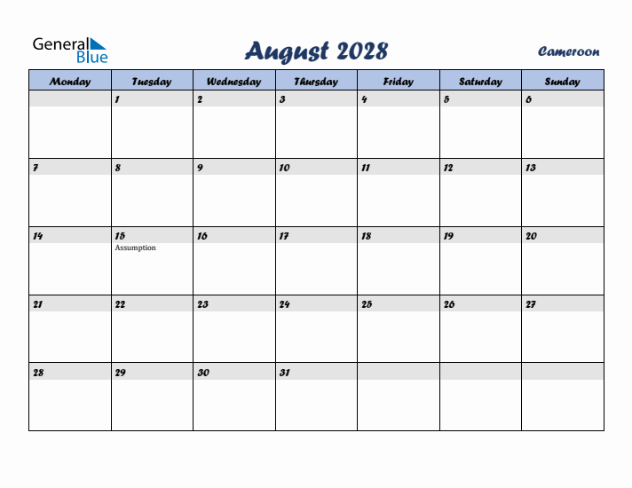August 2028 Calendar with Holidays in Cameroon