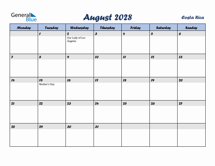 August 2028 Calendar with Holidays in Costa Rica