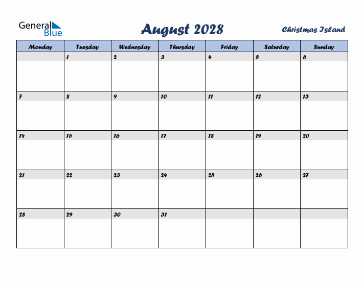 August 2028 Calendar with Holidays in Christmas Island