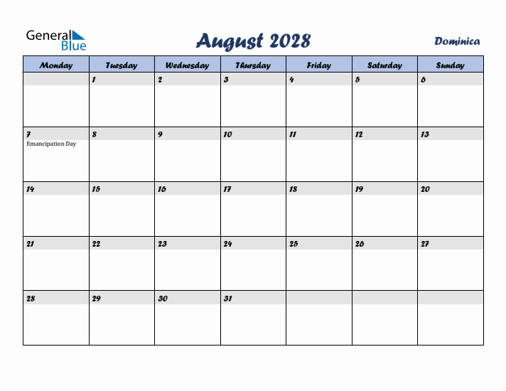 August 2028 Calendar with Holidays in Dominica