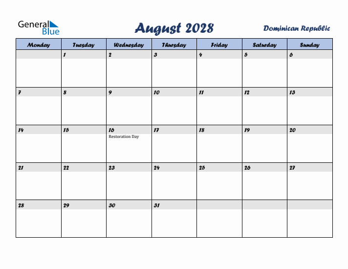 August 2028 Calendar with Holidays in Dominican Republic
