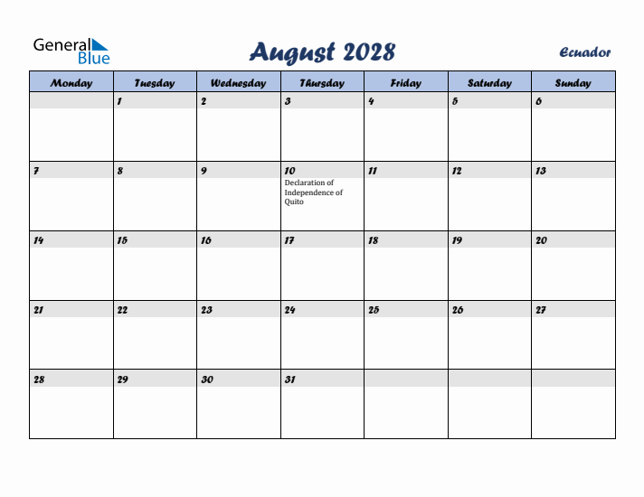 August 2028 Calendar with Holidays in Ecuador