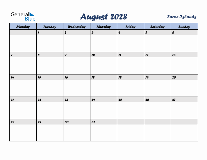 August 2028 Calendar with Holidays in Faroe Islands
