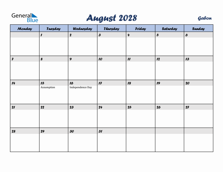 August 2028 Calendar with Holidays in Gabon