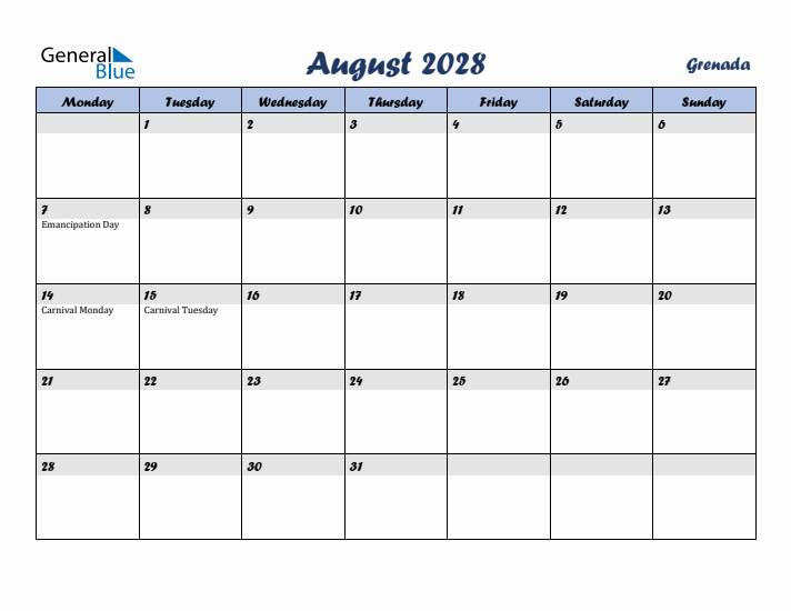 August 2028 Calendar with Holidays in Grenada