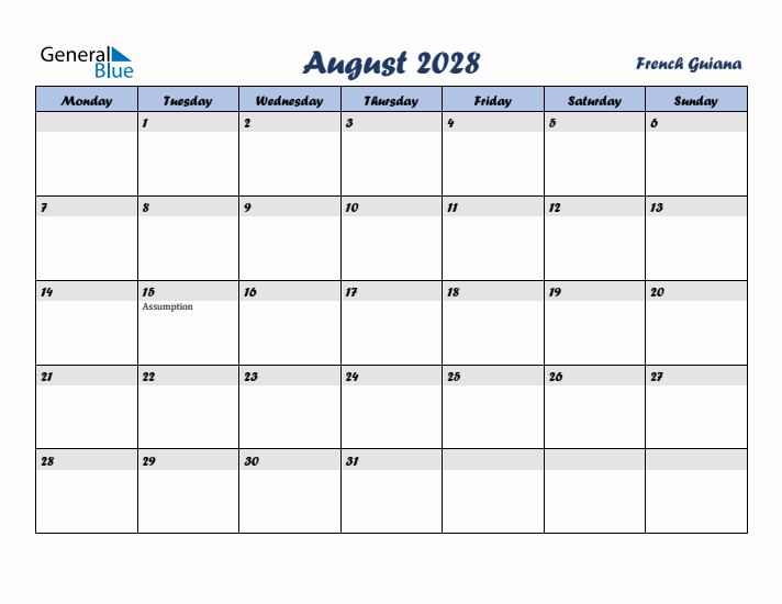 August 2028 Calendar with Holidays in French Guiana