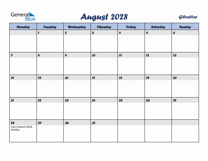 August 2028 Calendar with Holidays in Gibraltar