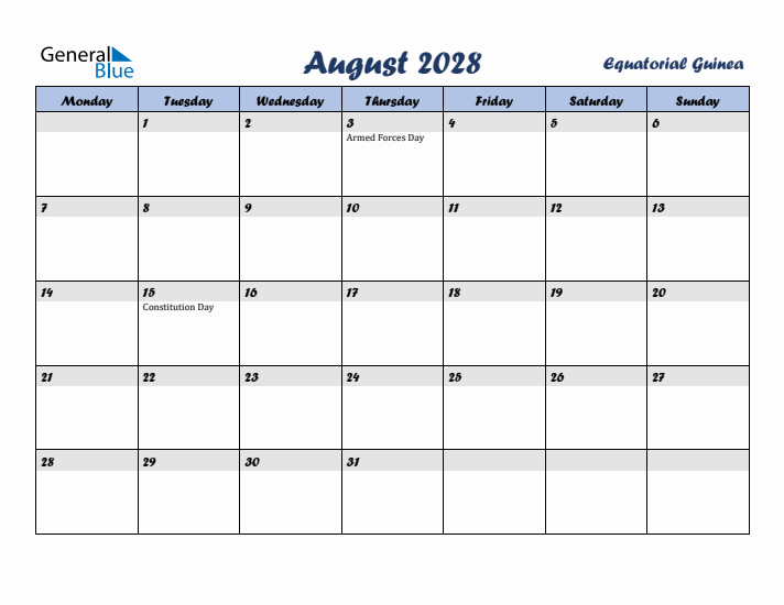 August 2028 Calendar with Holidays in Equatorial Guinea