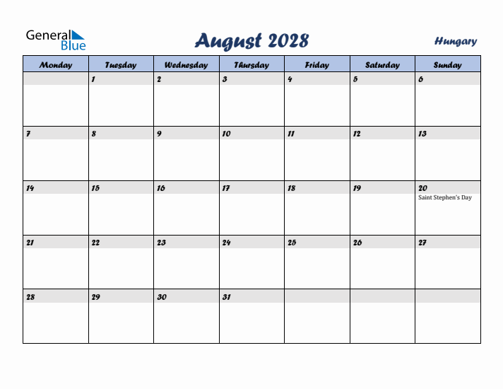 August 2028 Calendar with Holidays in Hungary