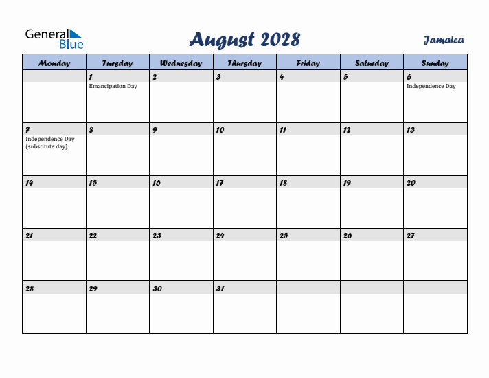 August 2028 Calendar with Holidays in Jamaica