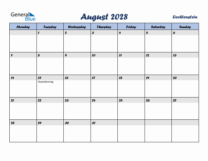 August 2028 Calendar with Holidays in Liechtenstein