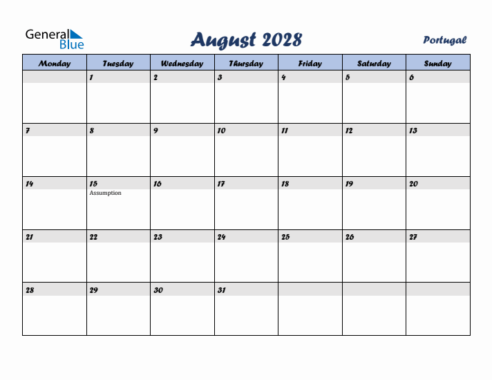 August 2028 Calendar with Holidays in Portugal