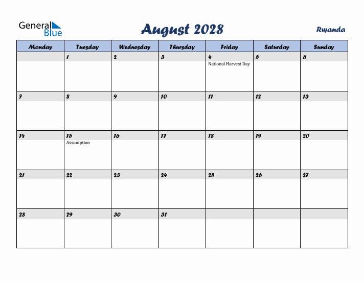 August 2028 Calendar with Holidays in Rwanda