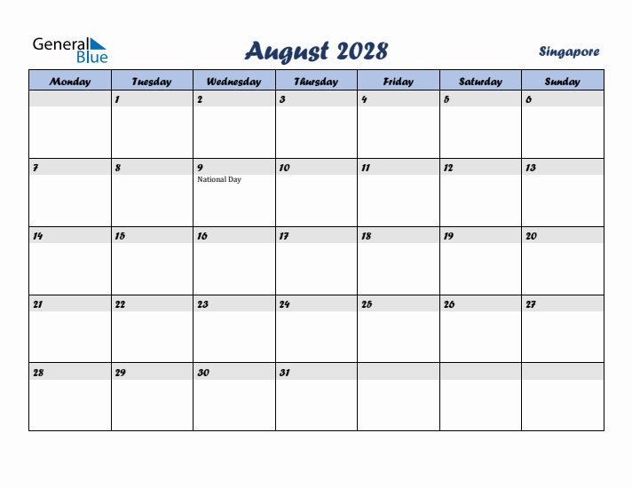 August 2028 Calendar with Holidays in Singapore