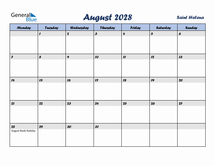 August 2028 Calendar with Holidays in Saint Helena
