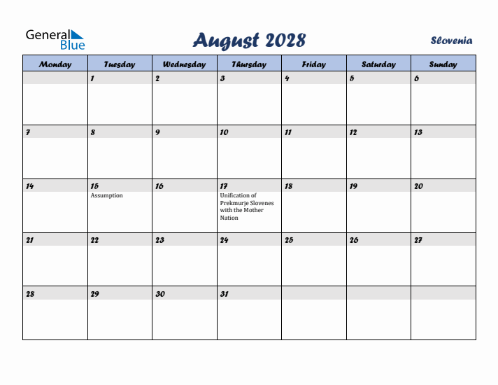 August 2028 Calendar with Holidays in Slovenia