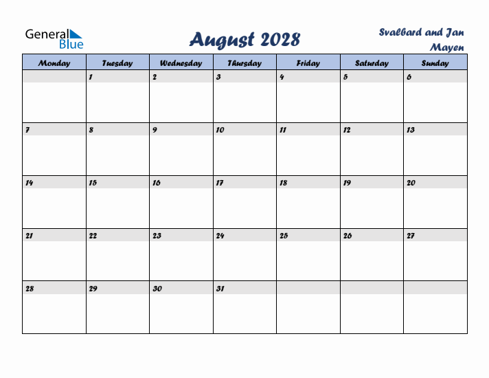 August 2028 Calendar with Holidays in Svalbard and Jan Mayen