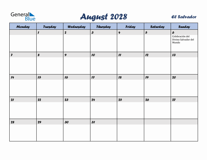 August 2028 Calendar with Holidays in El Salvador