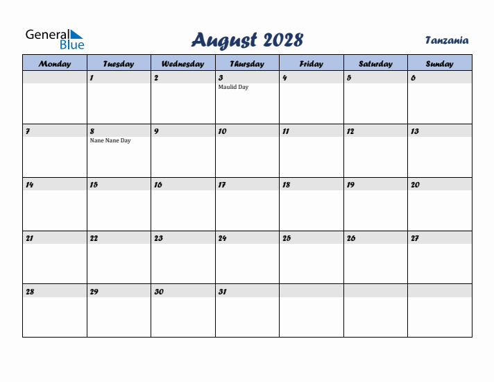 August 2028 Calendar with Holidays in Tanzania