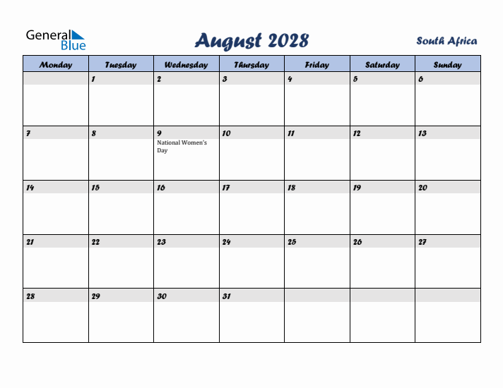 August 2028 Calendar with Holidays in South Africa