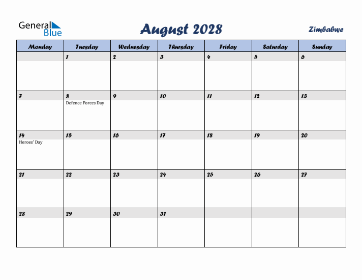 August 2028 Calendar with Holidays in Zimbabwe