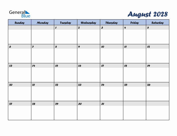 August 2028 Blue Calendar (Sunday Start)