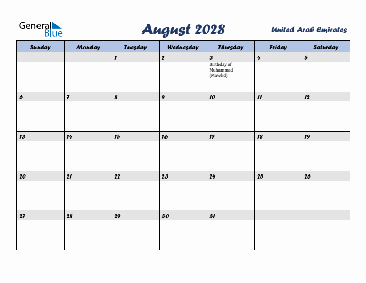 August 2028 Calendar with Holidays in United Arab Emirates