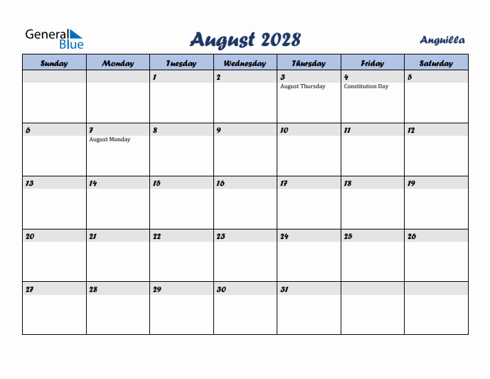 August 2028 Calendar with Holidays in Anguilla