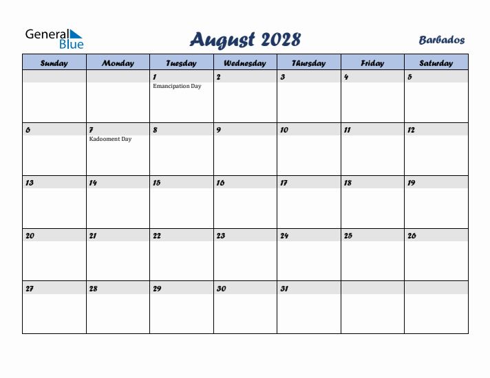 August 2028 Calendar with Holidays in Barbados