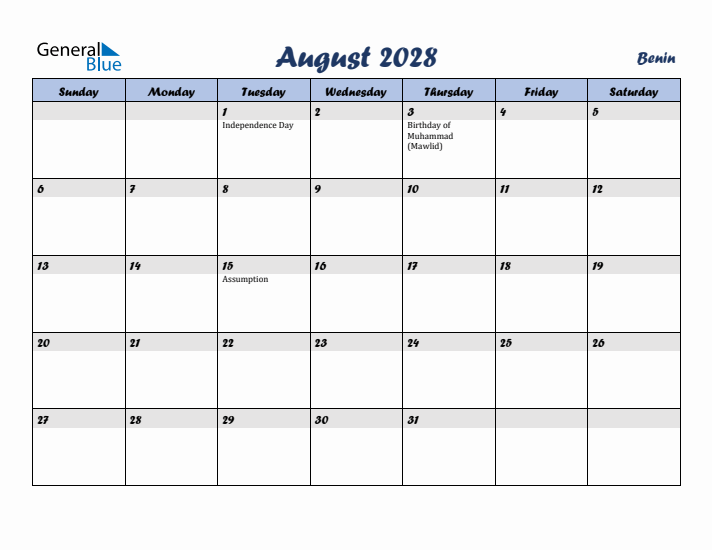 August 2028 Calendar with Holidays in Benin