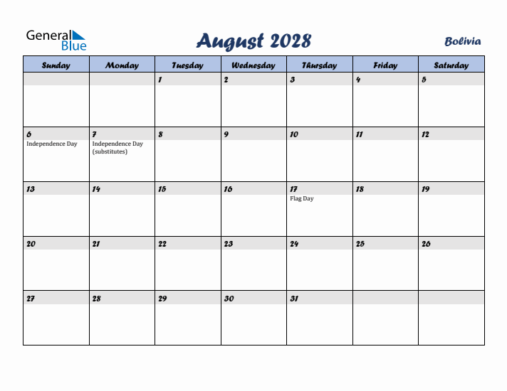 August 2028 Calendar with Holidays in Bolivia