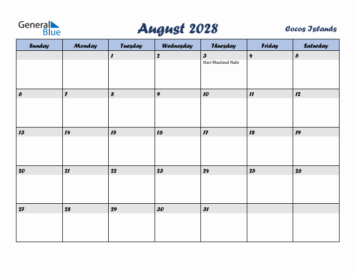 August 2028 Calendar with Holidays in Cocos Islands