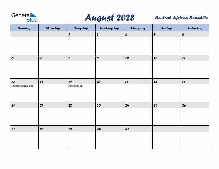 August 2028 Calendar with Holidays in Central African Republic