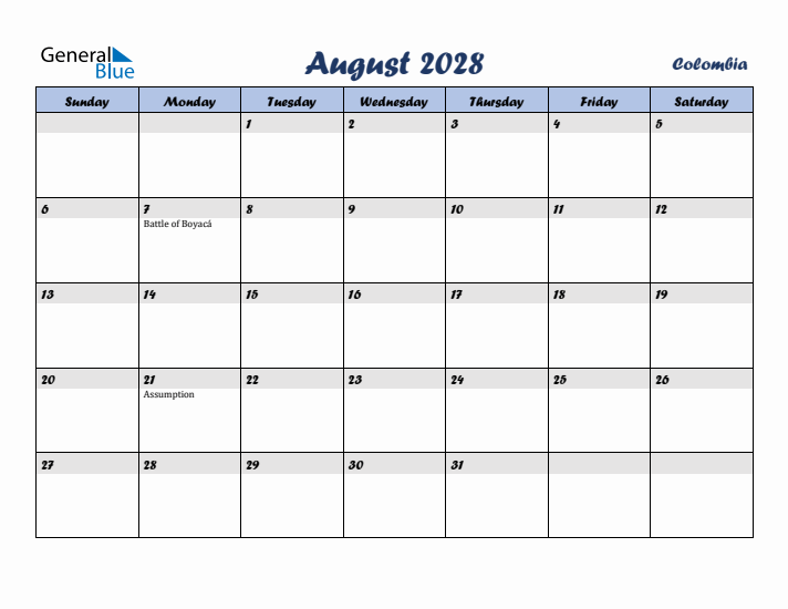 August 2028 Calendar with Holidays in Colombia