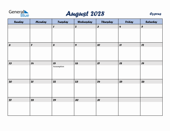 August 2028 Calendar with Holidays in Cyprus