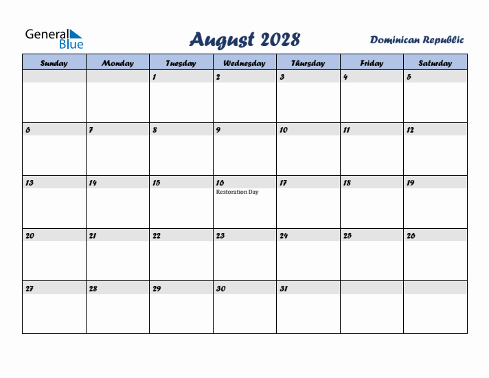 August 2028 Calendar with Holidays in Dominican Republic